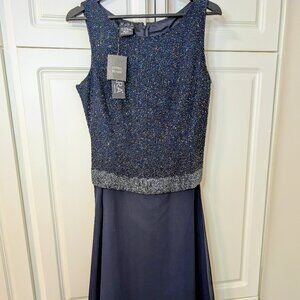J Kara Elegant Navy Beaded Bodice W/ Chiffon Skirt New Year's Gown Size 12  NWT